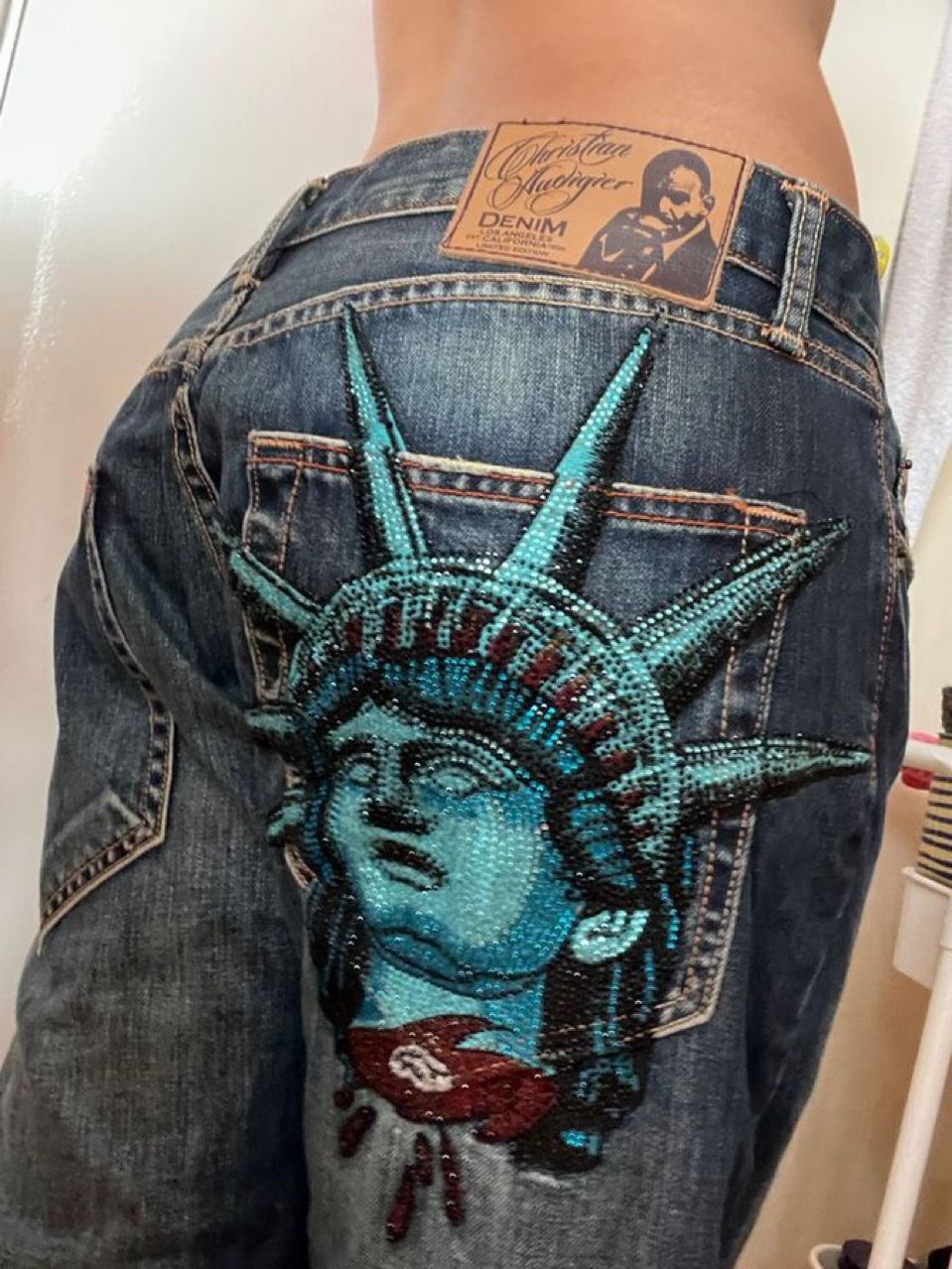 Embroidery Jeans Sakura - Y2k 2000s Statue of liberty Diamonds