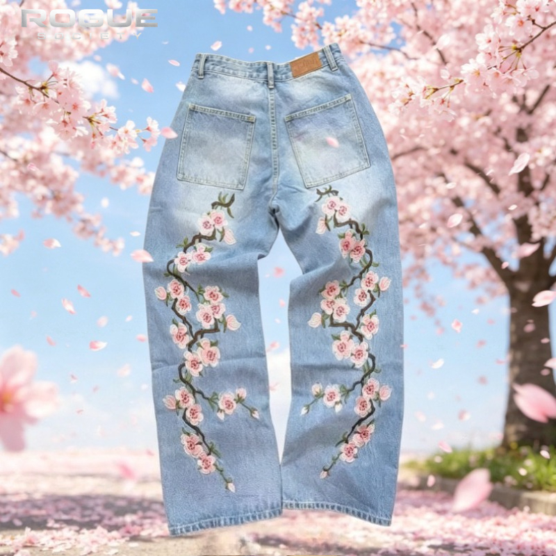 Embroidery Jeans Sakura - New Y2K American Retro Sakura Embroidered