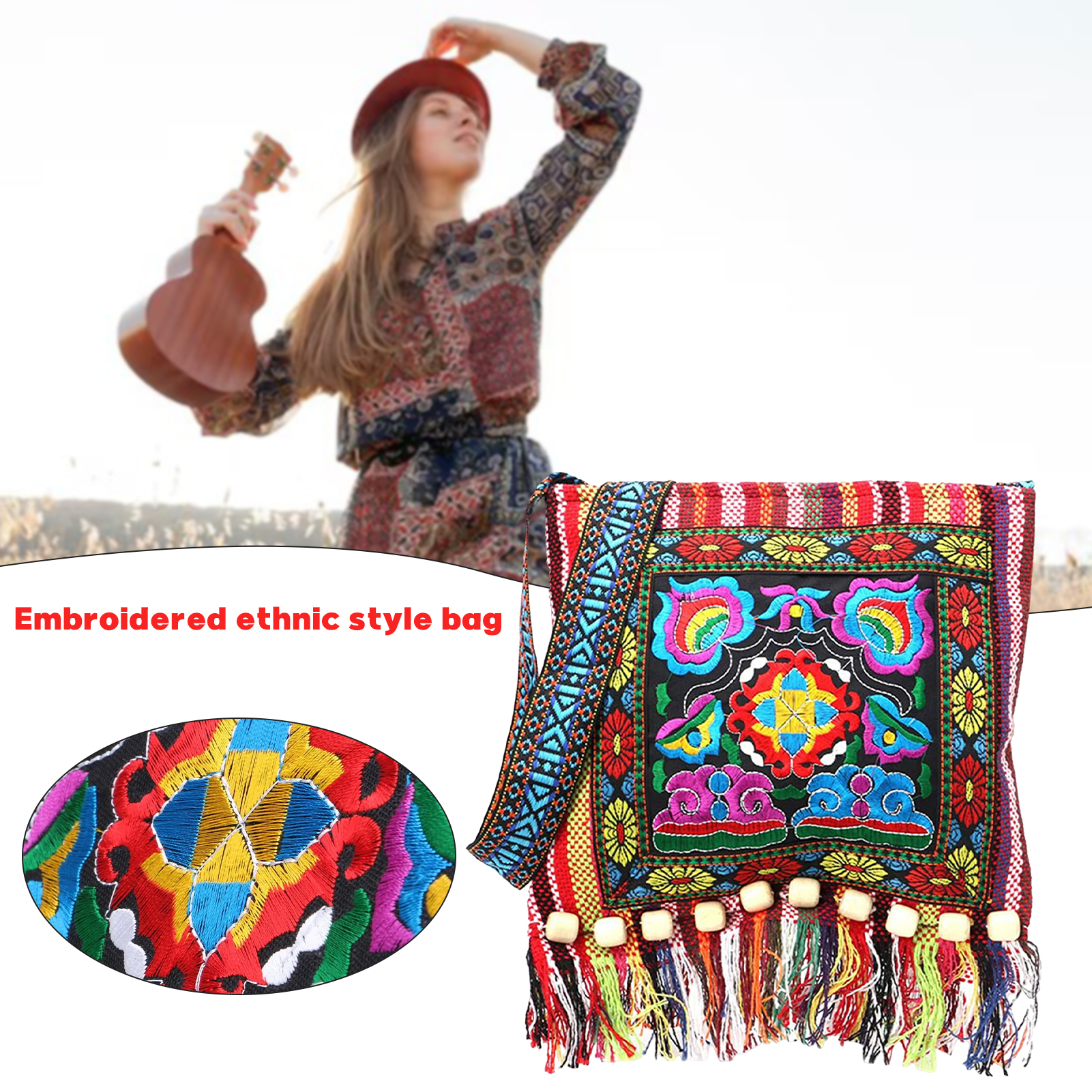 Embroidery Xmas - Women's Embroidered Tassel Sling Bag Versatile