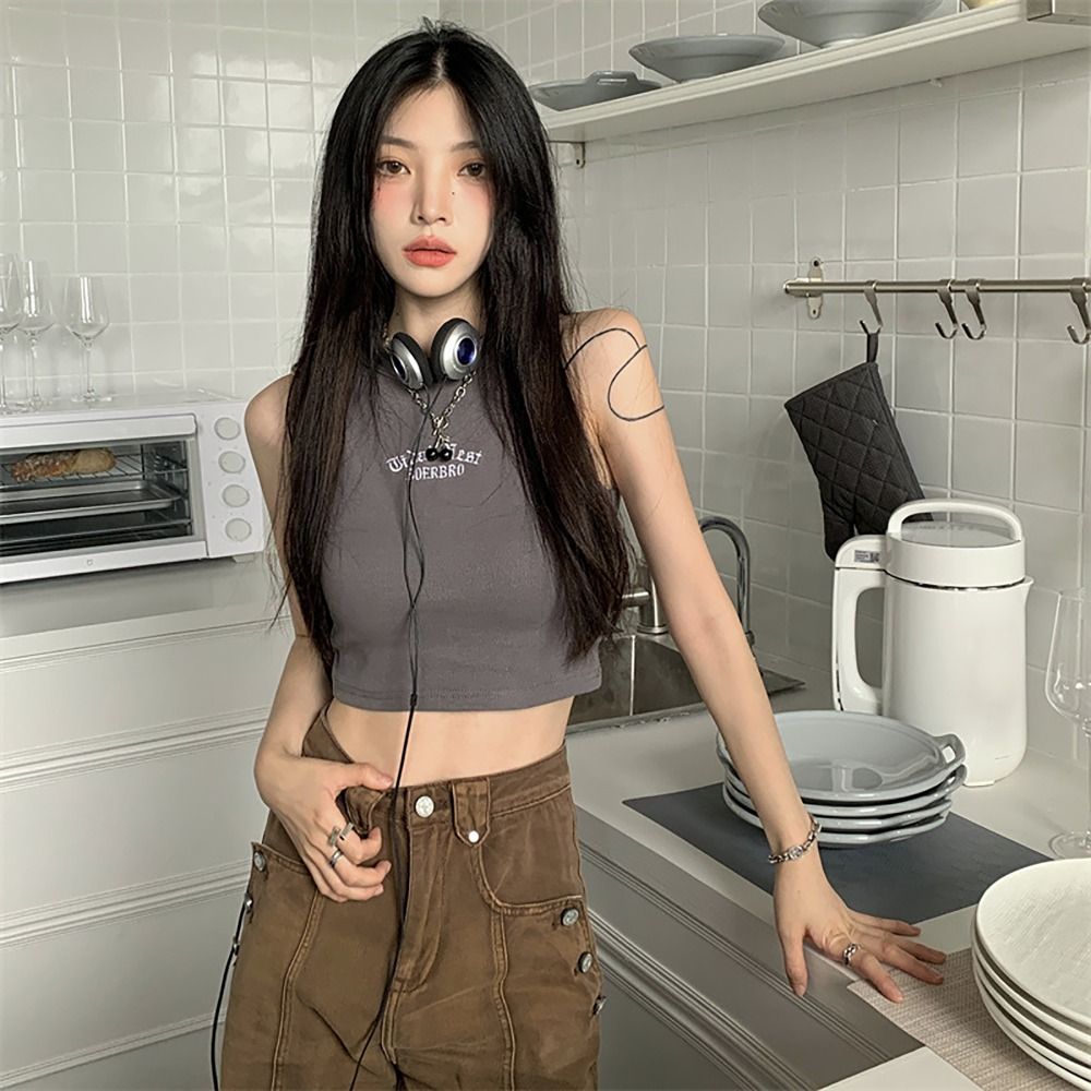 Embroidery Letter M - Simple Microelastic Sleeveless Blouse Slim Version