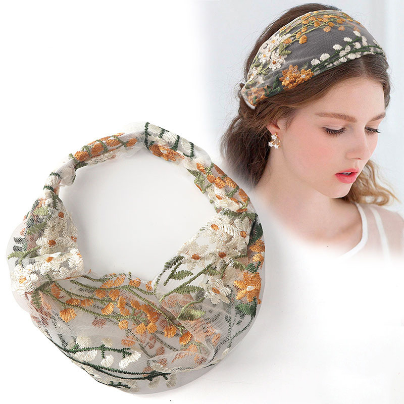 Embroidery Knot - Female Ethnic Hairbands Elastic Embroidery Lace