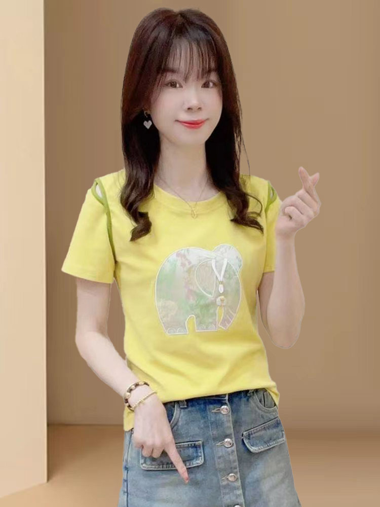 Embroidery Unique Design - Pure Cotton Shoulder-baring Slimming Short-sleeve T-shirt