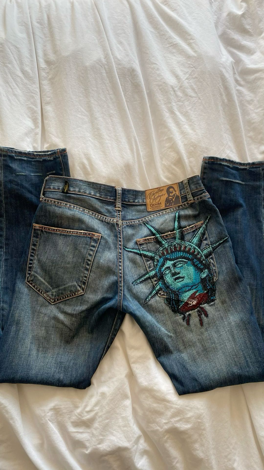 Y2k 2000s Statue of liberty Di – Embroidery Jeans Sakura recenzja i cena