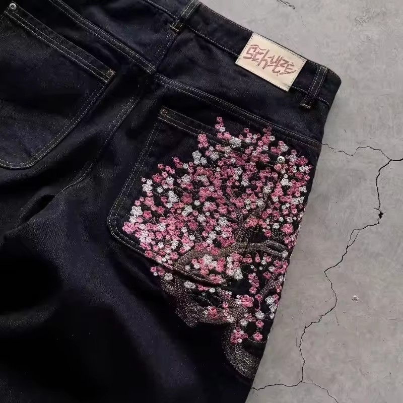 Y2K Mens Womens Harajuku Hip H – Embroidery Jeans Sakura recenzja i cena