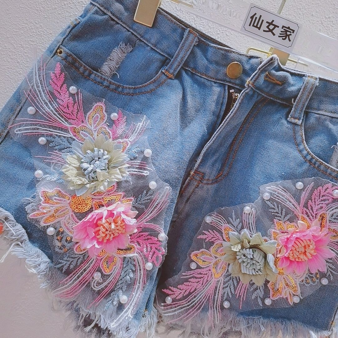 Korean Fashion Women Summer De – Embroidery Jeans Sakura recenzja i cena
